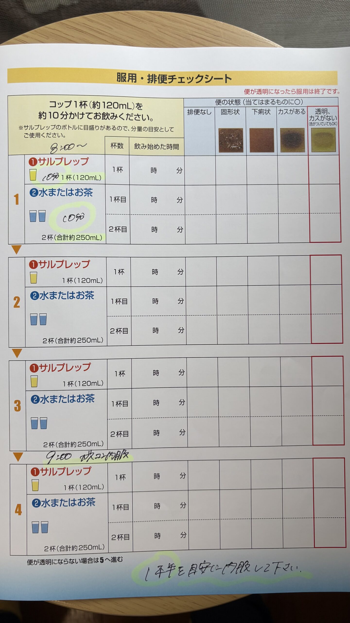 サルプレップ 服用・排便チェックシート 前半